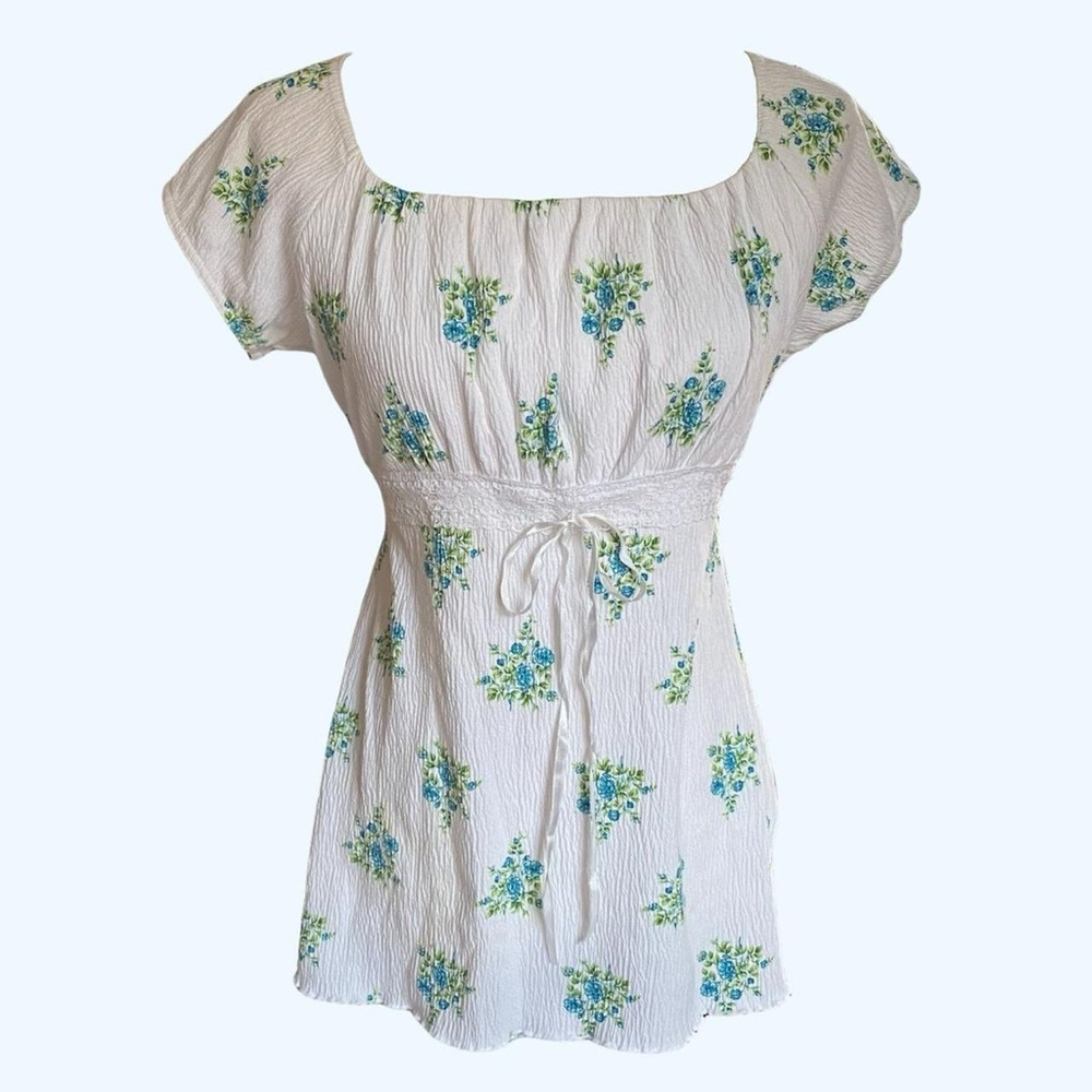 White with Blue Floral Print Babydoll Blouse
